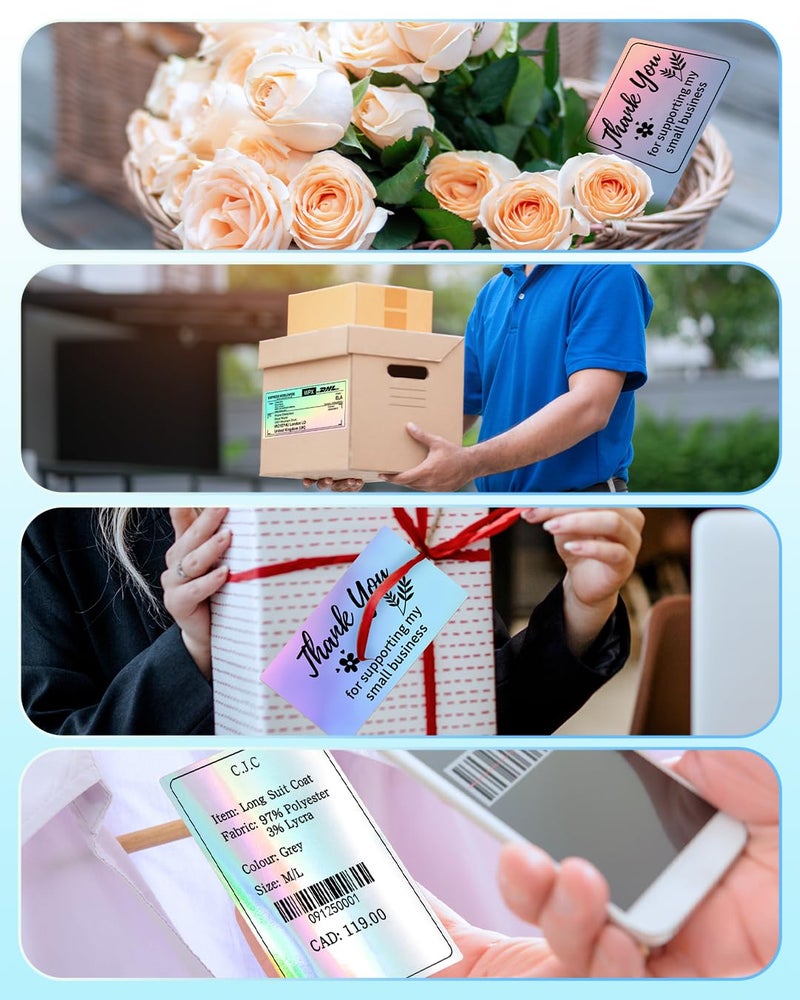 Memoking ملصقات حرارية Memoking، ملصق فضي ثلاثي الأبعاد ذاتي اللصق مقاس 4 بوصات * 2 بوصة، ملصق حراري مربع مباشر لبطاقة الشكر، الشعار، الاسم، السعر، العنوان، رمز الاستجابة السريعة، 500 ملصق - Image 5